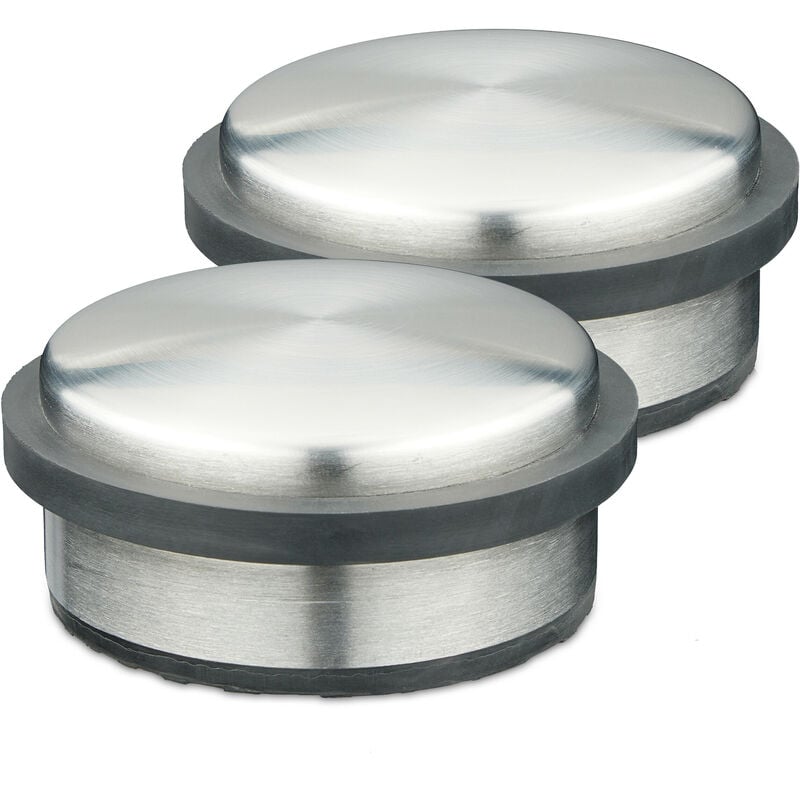 Butoir de porte, lot 2, acier inoxydable, fer, caoutchouc, pour le sol, h x d : 5 x 10 cm, argenté/noir - Relaxdays