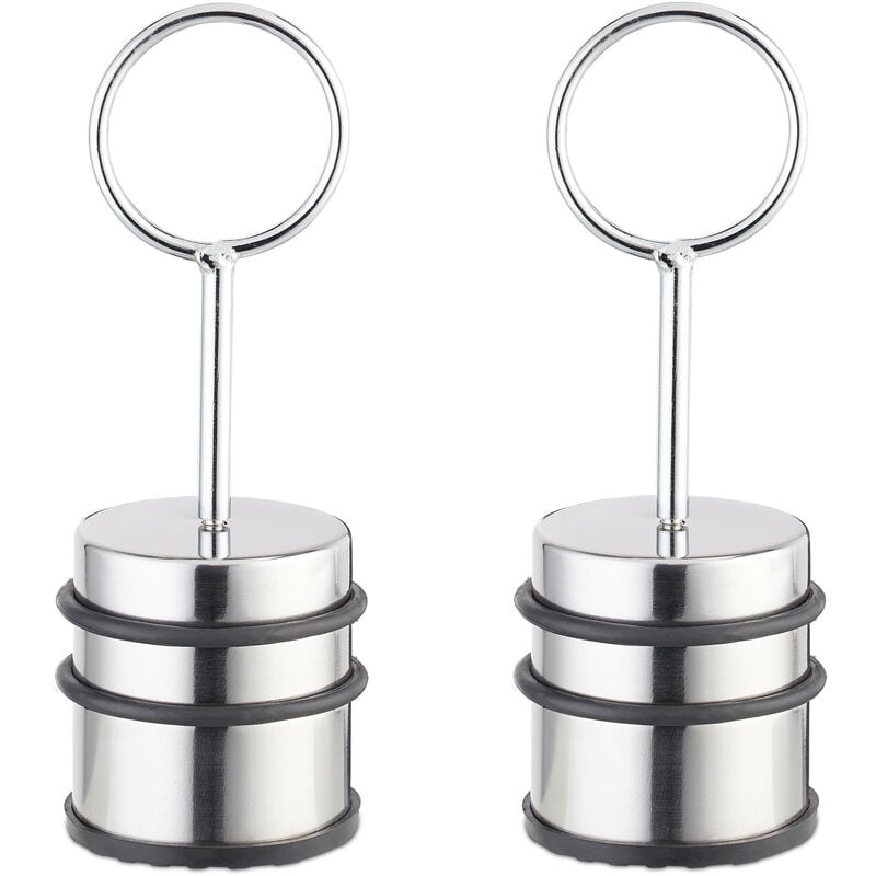 Butoir de porte, lot 2, avec poignée, acier inox et caoutchouc, hd 20 x 7 cm, pour intérieur, argenté et noir - Relaxdays