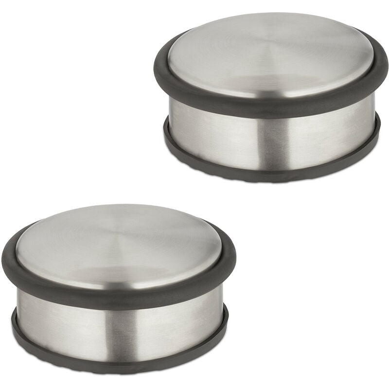 Butoir de porte, lot 2, plat et lourd, antidérapant, acier inoxydable, h x d : 4,5 x 10,5 cm, argenté & noir - Relaxdays