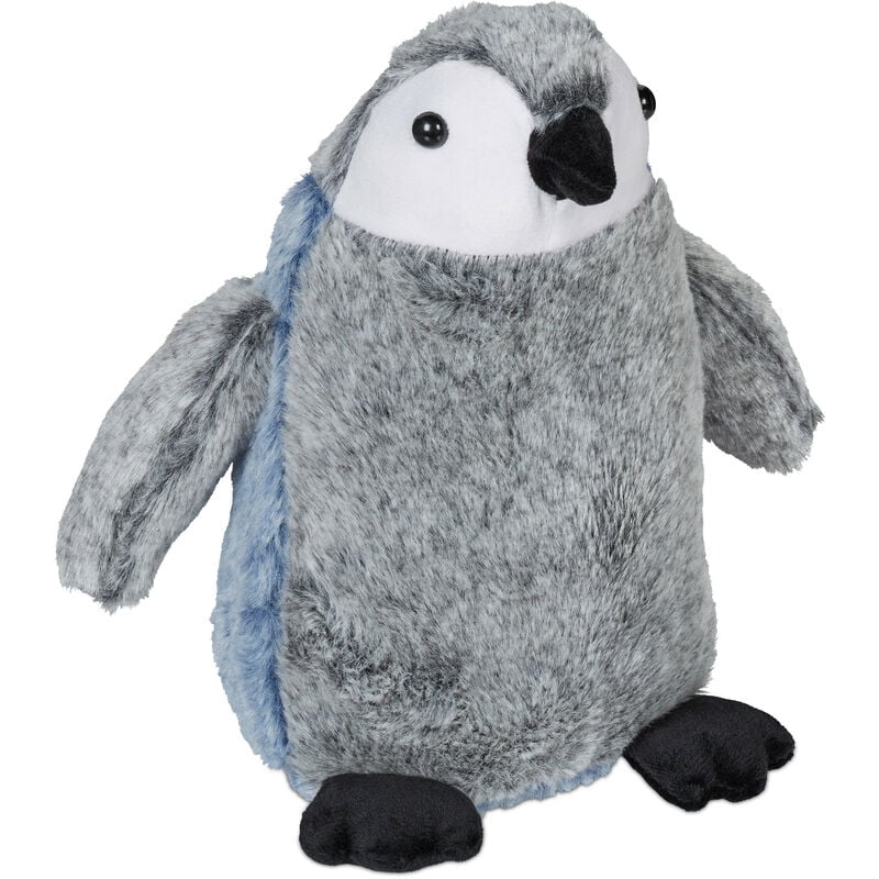Butoir de porte, pingouin, tissu doux, rempli de sable, 25 x 24 x 17 cm, pour chambre d'enfant, gris/bleu - Relaxdays