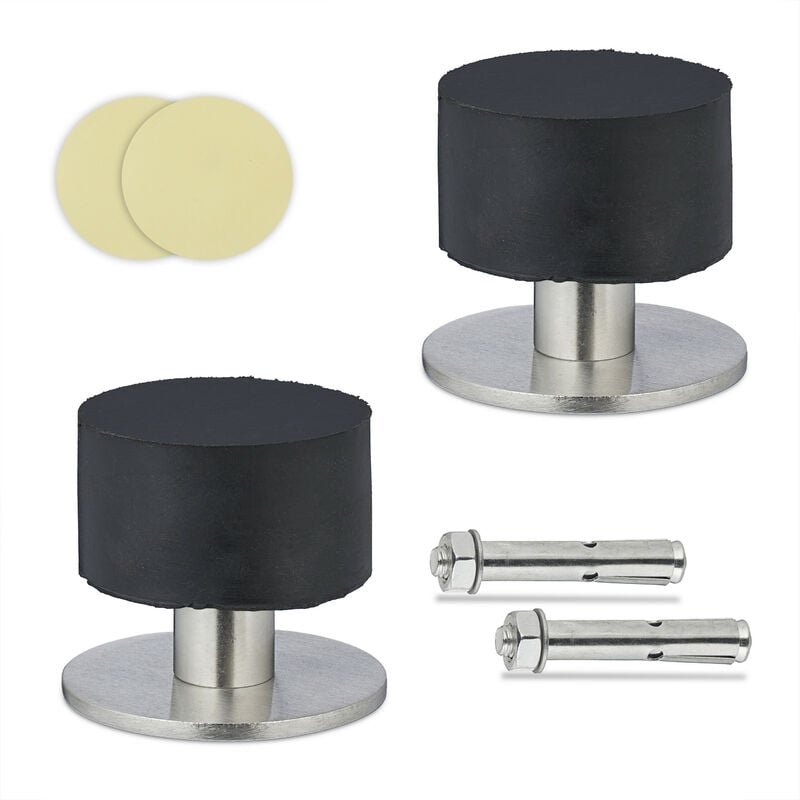 Butoir de porte, lot 2, fixation auto-adhésive ou par perçage, acier inox et caoutchouc, noir et argenté - Relaxdays