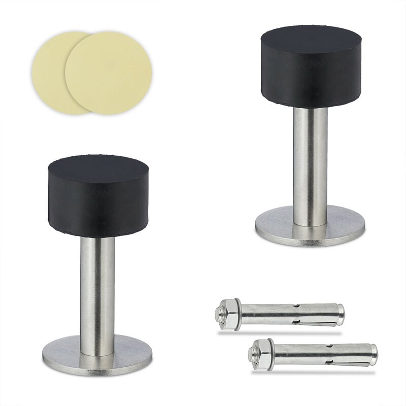 Relaxdays Butoir de porte, lot 2, fixation auto-adhésive ou par perçage, acier inox et caoutchouc, noir et argenté