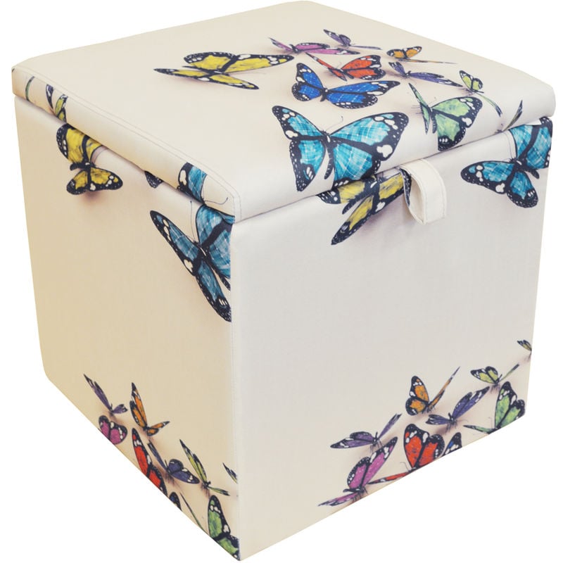 BUTTERFLY - Square Storage Ottoman Stool / Blanket Box Cube - Cream / Multi
