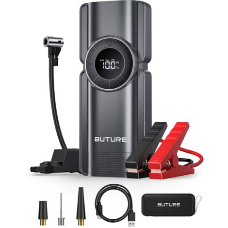 BuTure Booster Batterie 2500A 20000Mah Démarreurs De Batterie avec Compresseur (Jusqu'à 8l Essence Ou Diesel),avec Écran LCD, Compresseur d'air Portable avec Gonfleur De Pneus Voiture 150psi