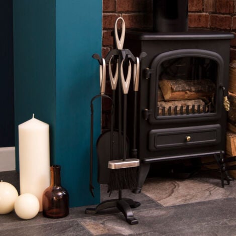 Buxton 5 Piece Companion Set Fireplace Accessories Shovel, Poker, Brush & Tongs, Black-&-Nickel