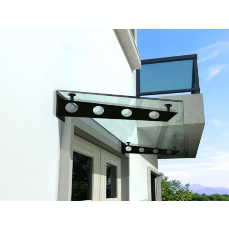 BuyLando - (S) Auvent en verre transparent 200x90 cm avec support en acier inoxydable noir