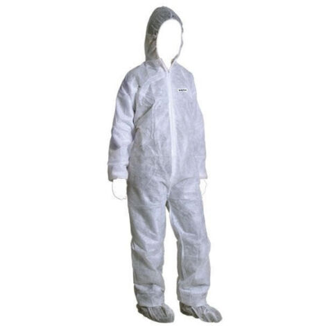Buzo desechable de polipropileno 45 g, talla M, con capucha y cierres ajustables.