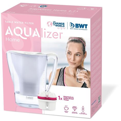 BWT Caraffa filtrante per acqua Aqualizer bianca 2,7 l – Riduce calce, cloro e impurità e arricchisce con magnesio, incl. 1 cartuccia