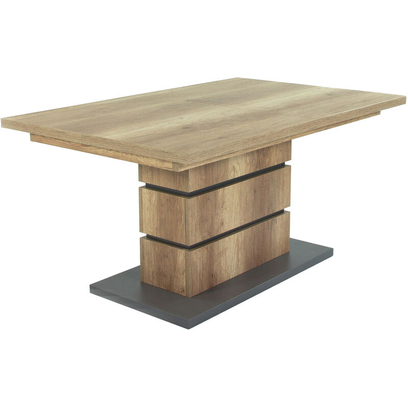 Byliving - Auszugs-Tisch BEA / Esstisch ausziehbar in Eiche-Optik hell-braun / Esszimmer-Tisch mit Applikationen und Bodenplatte anthrazit /