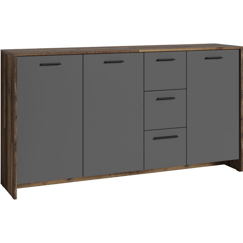 Kommode BEN / Sideboard mit 3 Türen und 3 Schubkasten / Schuhschrank in Old Wood-Optik mit Fronten in anthrazit / Schrank in Altholz-Optik / Griffe