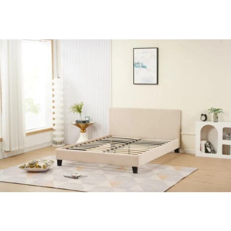 Bysommiflex – Lit adulte 140x190 cm – Tête de lit en tissu beige – Sommier en kit avec lattes en contreplaqué – Design moderne et durable