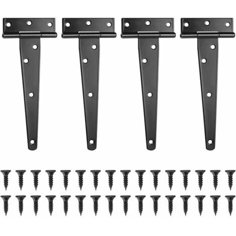C-Charnières en T, Noires Charnière Porte de Grange, Charnières de Portes, Charniere Plate Inox pour Portails, Abris de Jardin, Placard - 6 Pouces（4Pcs，le noir）