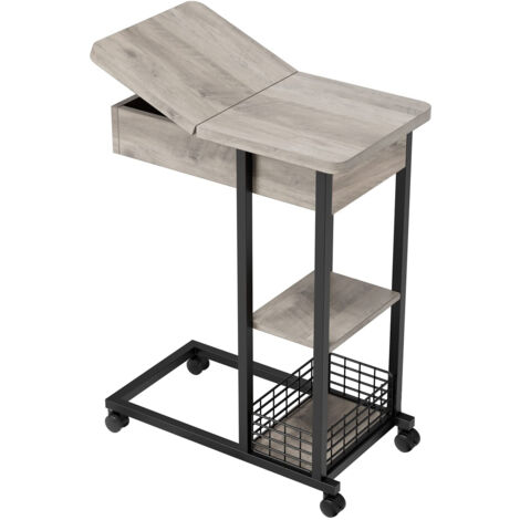 C-förmiger Beistelltisch - 75 x 60 x 35 cm, Beistelltisch mit Rollen - mobil - 3-stufiger schmaler Beistelltisch - für Kaffee, Laptop - Industriell - Grau - für Wohnzimmer, Schlafzimmer