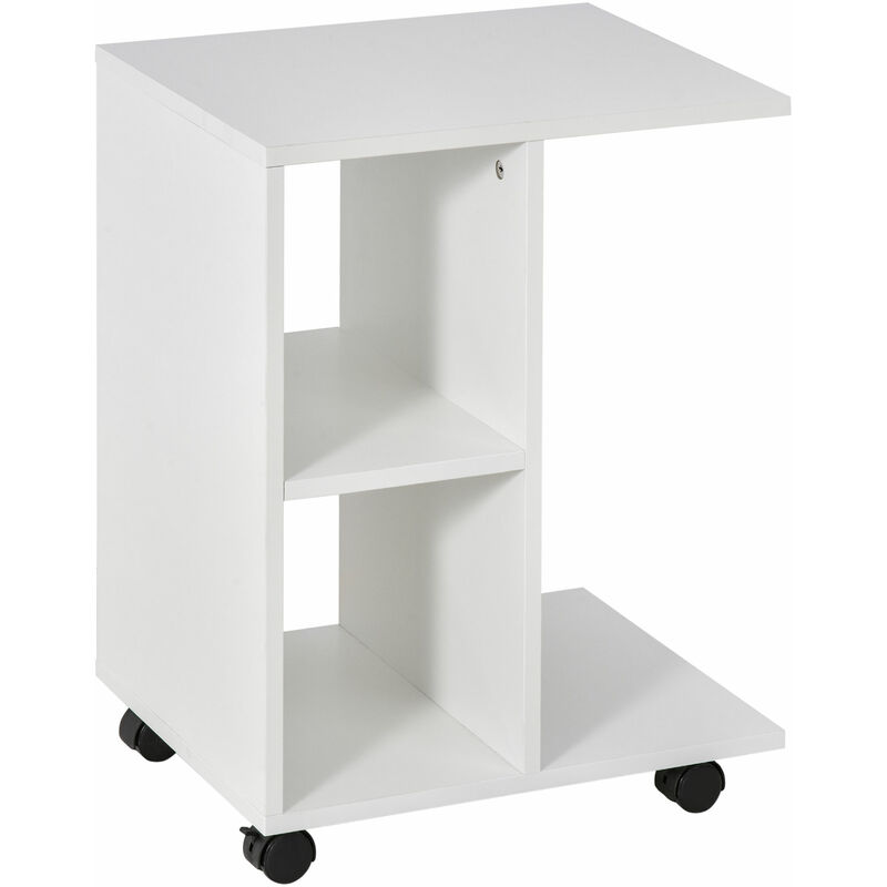 Homcom - C-Shape End Table Unique Storage Unit W/ 2 Shelves 4 Wheels Home Office White