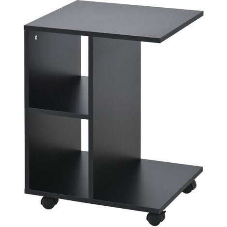 HOMCOM C-Shape End Table Unique Storage Unit w/ 2 Shelves 4 Wheels Home Office Black