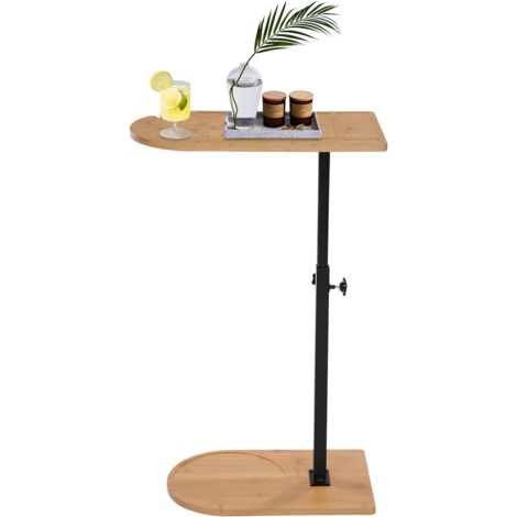 C-Shaped Side End Table Bamboo Tray Table with Adjustable Height 360° Swivel Sofa Table with Sturdy Base & Thick Metal Bracket for Living Room Balcony Bathroom, 40x22cm