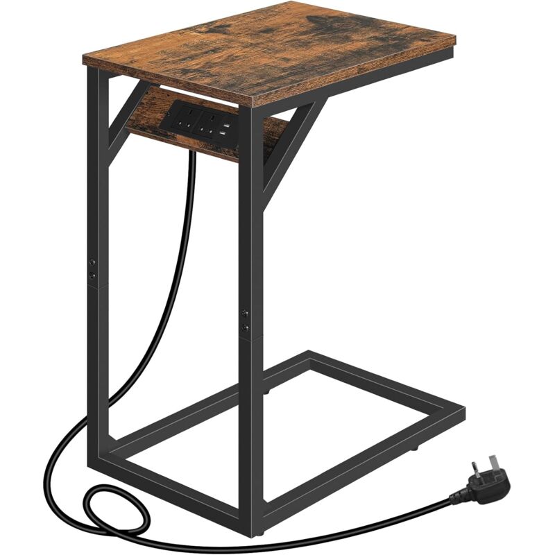 Hoobro - C Shaped Side Table, Sofa Table With Charging Station, Laptop Table For Sofa, 2 Usb Ports 2 Ac Outlets, Narrow Bedside Table With Power,