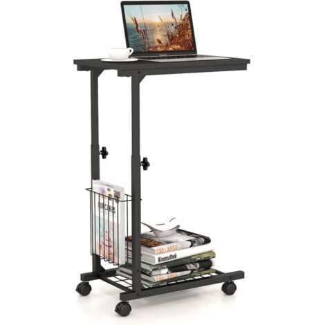 C-shaped Sofa Side Table Rolling End Table Height Adjustable  w/ Storage Basket