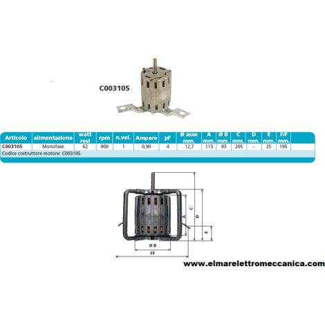 C003105 62 W 900 Giri Motore elettrico monofase ventilatore centrifugo assiale
