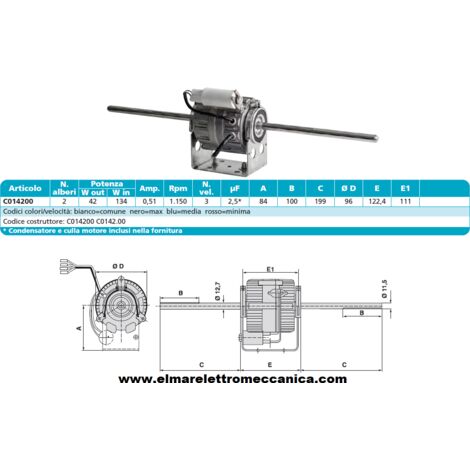 C0142.00 Motore 134 W  BIALBERO 3 Velocità aspiratore Fan Coil