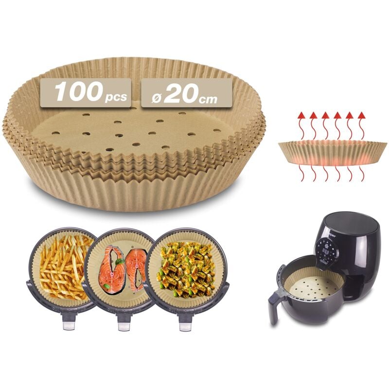 C103ACC001 Papier de cuisson pour friteuse à air, 100 pièces [20 cm], Papier de cuisson perforé pour friteuse à air, Biodégradable, Antiadhésif,