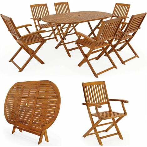 Caasaria Sitzgruppe Boston 6+1 Akazienholz 7-TLG Tisch klappbar Sitzgarnitur Holz Gartenmöbel Garten Set