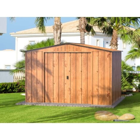 Cabane à outils en métal DURAMAX 3,2x2,4m aspect bois Marron Zingué 321,8 x 243,5 cm