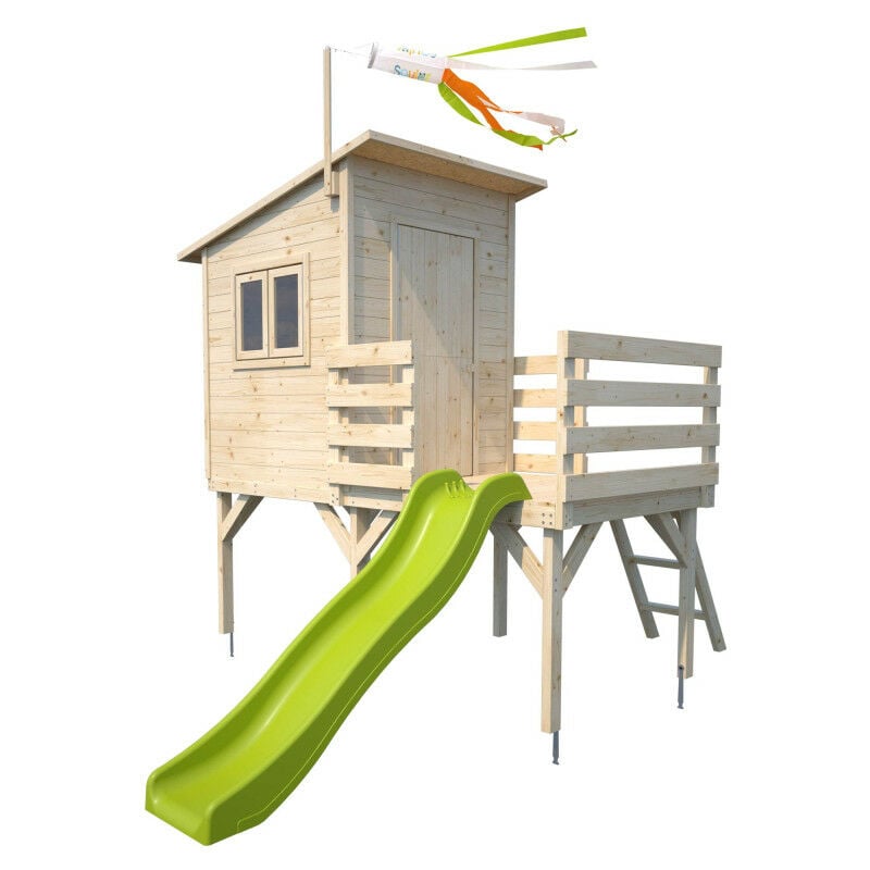 Maisonnette en bois sur pilotis avec toboggan pour enfants - Portland - Marron
