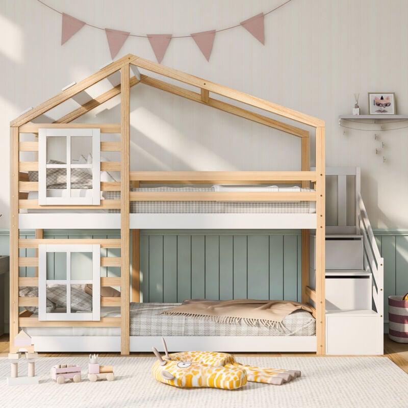 Cabane dans les arbres pour lit d'enfant avec tiroir et protection antichute 90 x 200 cm, lit mezzanine pour enfant - 2x sommiers à lattes - naturel