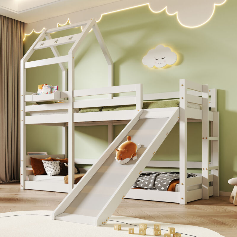 Cabane dans les arbres pour lit d'enfant avec toboggan et échelle 90 x 200 cm, lit mezzanine pour enfant - 2x sommier à lattes - blanc