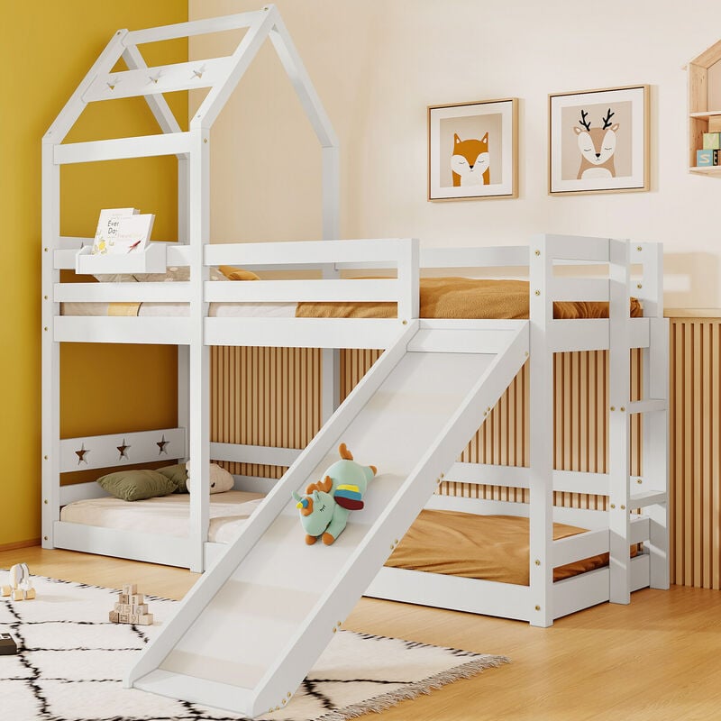Cabane dans les arbres pour lit d'enfant avec toboggan et échelle 90 x 200 cm, lit mezzanine pour enfant - 2x sommier à lattes - blanc Okwish glisser