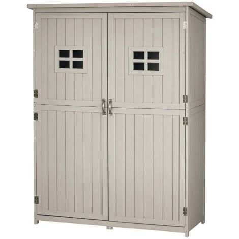 Cabane de jardin/armoire de jardin en bois, dimensions : 127,5 cm (L) x 50 cm (l) x 164 cm (H), 2 étagères, 2 portes, 2 fenêtres, toit en bitume imperméable, bois de cèdre massif pré-revêtu, gris.
