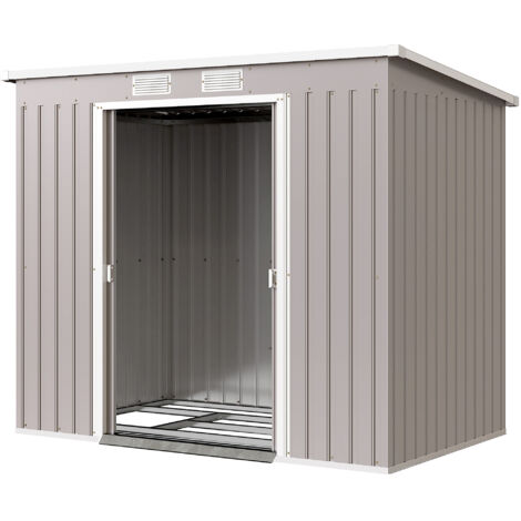 Cabane de Jardin en Acier Galvanisé, Toit Pent, 2 Entrées et Bouches d'Aération, 213x130x172 cm, Gris