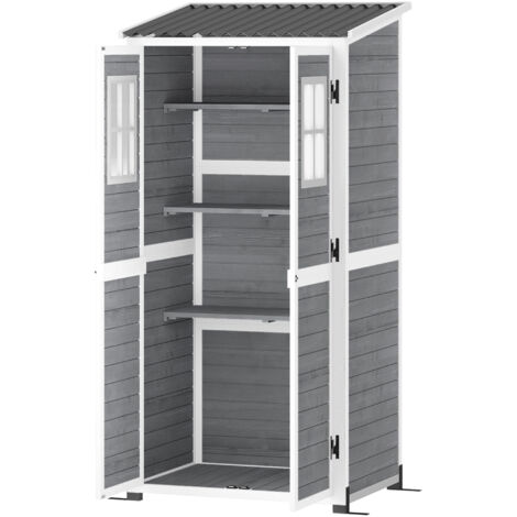 Cabane de Jardin en Bois avec Étagères Réglables, Double Porte avec Verrou et Fenêtres, Gris