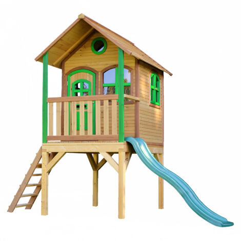 Cabane de jardin pour enfant avec toboggan vert – Maisonnette en bois FSC – Hauteur de plateforme 98 cm – Toboggan de 175 cm – AXI