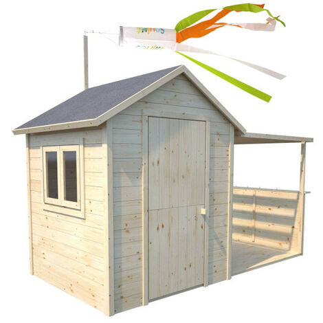 Soulet – Cabane de jardin pour enfant en bois brut avec pergola ajourée – Dimensions L230 x P125 x H180 cm – Porte double aimantée – Lumineuse et ventilée