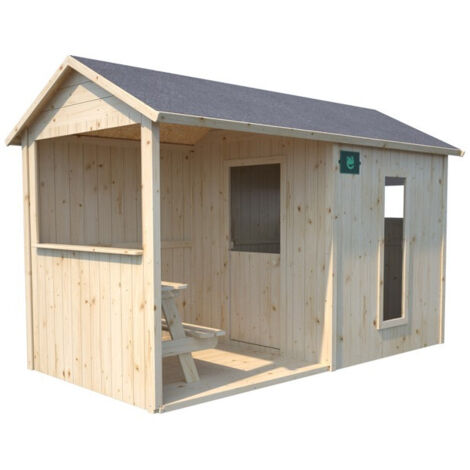 Soulet – Cabane de jardin pour enfant en bois brut FSC® – Préau avec table et banc – Dimensions 242 x 143 x 160 cm – Pour 3 à 12 ans