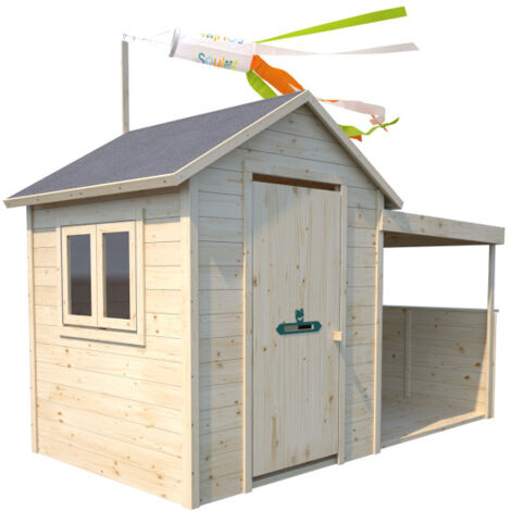 Soulet – Cabane de jardin pour enfant en bois avec préau – Dimensions L 252 x l 127 x H 162 cm – Surface 2,89 m² – Double porte aimantée