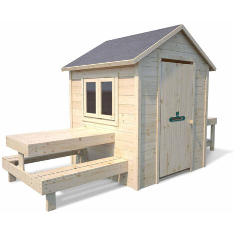Soulet – Cabane de jardin pour enfant en bois blanche – Mini-cuisine et table pique-nique – Dimensions 302x127x162 cm – Surface 3,55 m²
