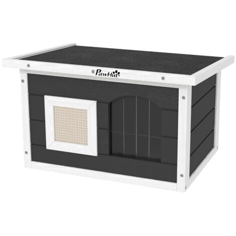 Cabane en bois pour chats avec porte rabattable, toit articulé étanche aux intempéries et fond amovible, accompagnée d’un tapis griffable.