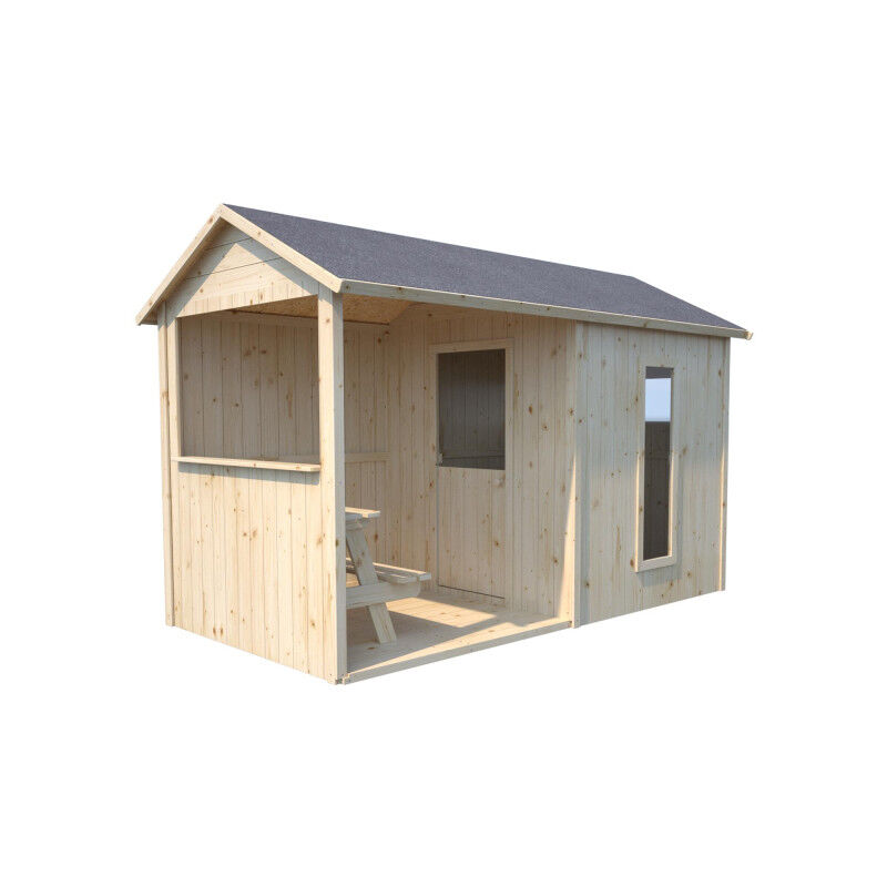 Soulet - Cabane en Bois pour Enfants Jazz Avec Préau Table et Banc PlancherToiture Feutre Bitumeux Porte 3 Fenêtres