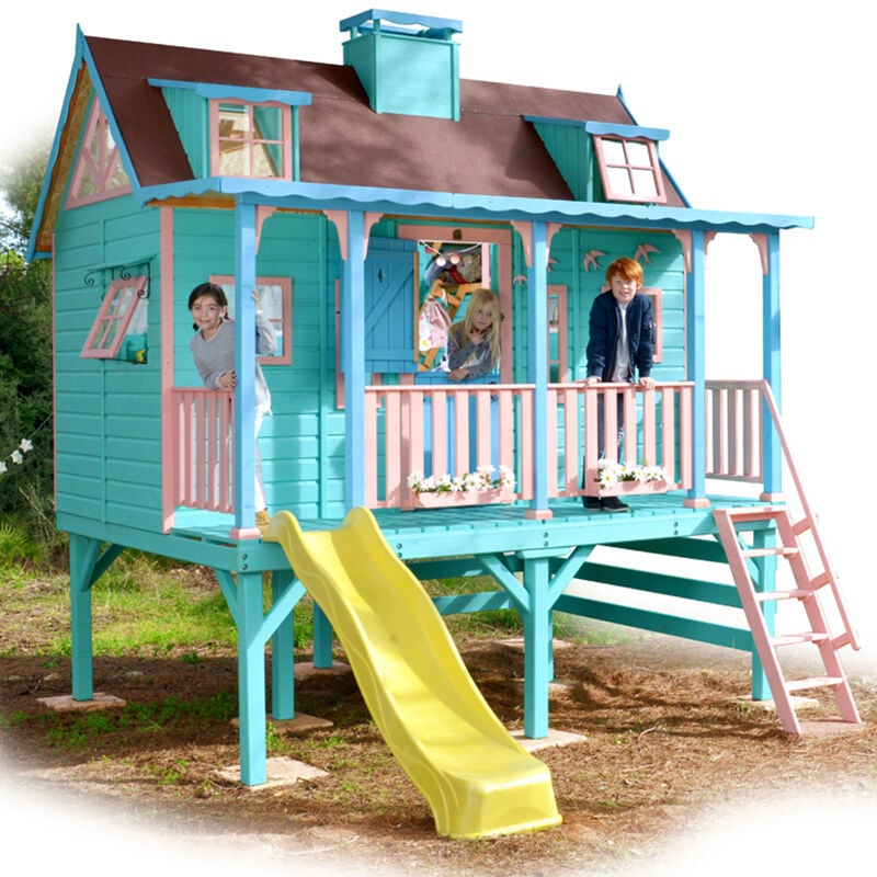 Green House - Cabane en bois pour enfant sur pilotis avec toboggan et lit superposé super florida. 335 x 295 x 375 . casas .Cabane peinte, transport