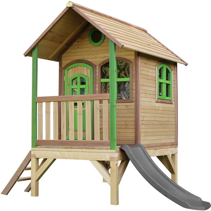 Tom Maison Enfant avec Toboggan Gris Aire de Jeux pour l'extérieur en Marron & Vert Maisonnette / Cabane de Jeu en Bois fsc - Marron - AXI