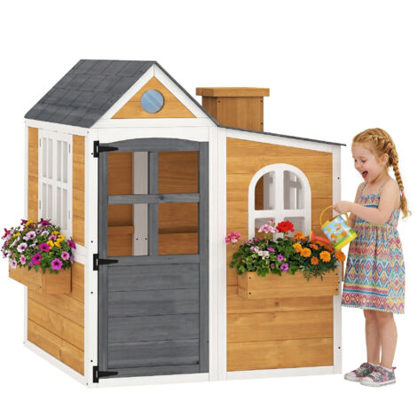 Cabane enfant extérieur , maison enfant extérieure/intérieure avec porte, fenêtres, 3 bacs à fleurs, jaune