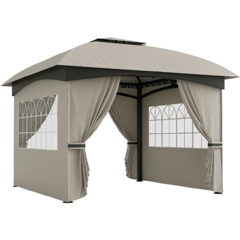 Cabane étanche de 3,4 × 3,4 m avec parois latérales et toit à deux versants — gris clair