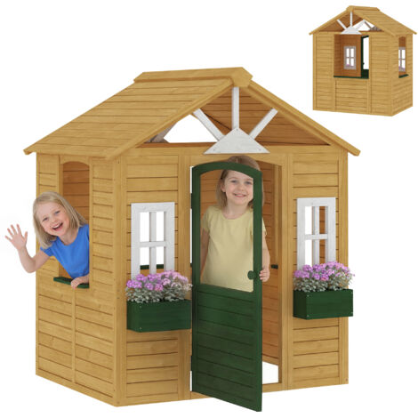 Cabane jardin bois enfants porte fenêtres 2 jardinières 134,5x97x150 cm maison jeu extérieur marron
