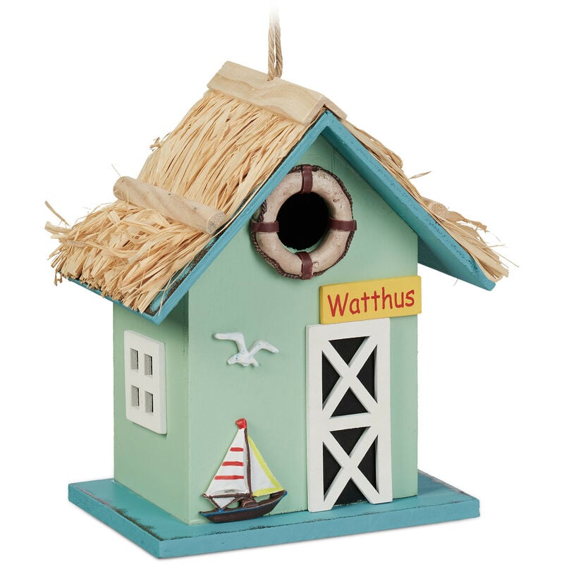 Cabane à oiseaux au design maritime, décorative, en bois, suspendre, hlp : 24,5 x 19 x 13,5 cm, multicolore - Relaxdays