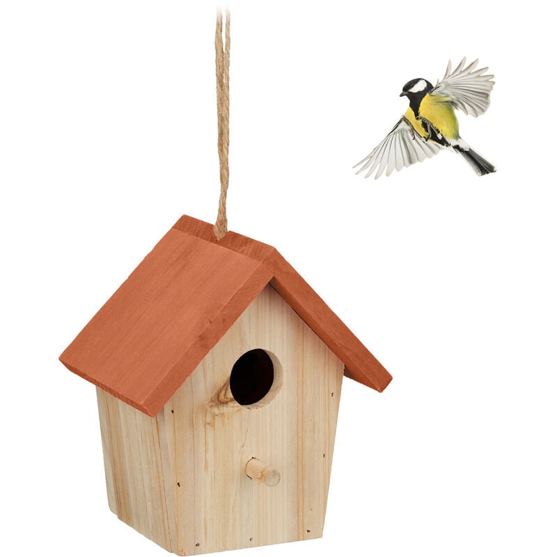 Relaxdays - Cabane à oiseaux décorative, en bois, suspendre, hlp : env. 16 x 15 x 11 cm, jardin et balcon, nature/orange