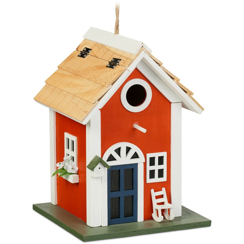 Cabane à oiseaux rustique, décorative, en bois, suspendre, h x l x p : env. 25 x 18,5 x 18,5 cm, multicolore - Relaxdays