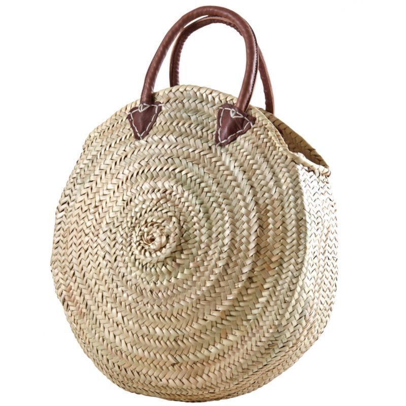 Cabas rond en palmier avec poignées cuir